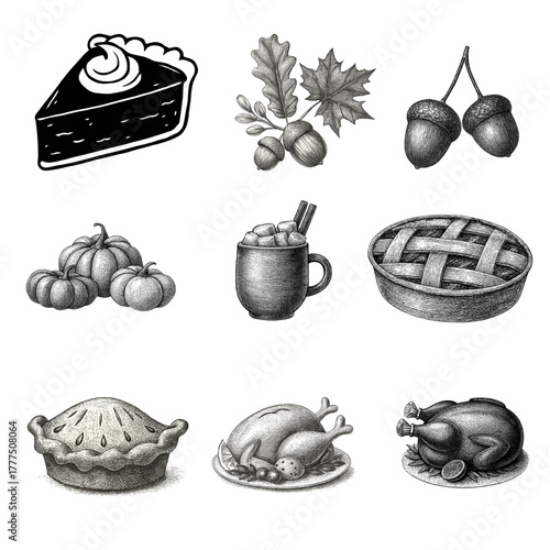 Set of vintage sketch illustrations for a traditional Thanksgiving feast with turkey, pie, and autumn elements