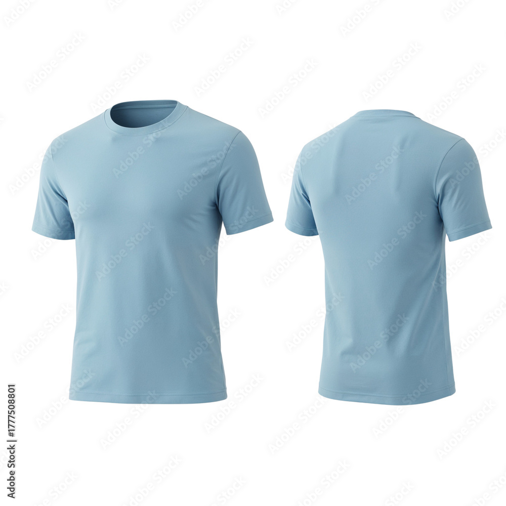Naklejka premium Light blue short sleeve t-shirt front and back views studio product shot isolated on transparent background