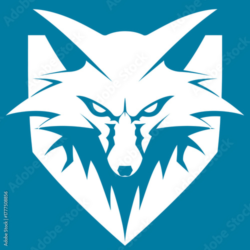 Abstract white fox head within a shield shape, fierce animal mascot emblem graphic on a solid blue background. Modern vector illustration.
