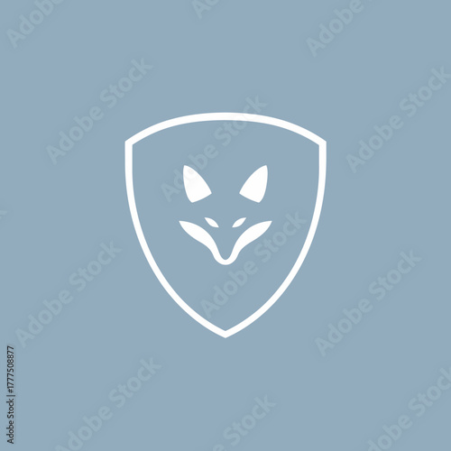 Minimalist Fox Head Shield Icon Design on Blue-Grey Background - Stylized Animal Emblem Graphic for Branding