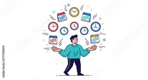 Man juggling multiple clocks and calendars representing time management, Generative AI.