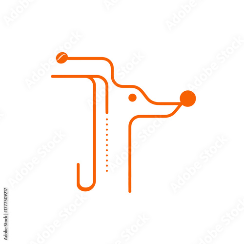 Minimalist orange line art illustration of a dog's head, modern abstract graphic design, simple pet animal symbol, digital technology concept.