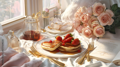 Heart Shaped Pancakes with Berries on Elegant Table Decorated with Roses for Valentine’s Day