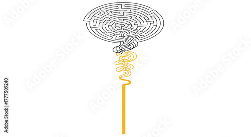 Circular maze with a yellow path emerging from it, Generative AI.