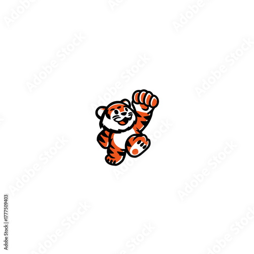Adorable cartoon tiger mascot illustration with a triumphant raised fist, happy and energetic wild animal character design.