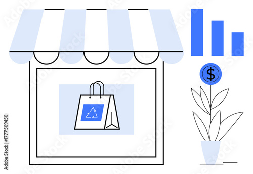 Storefront with striped awning and recycled shopping bag. Bar graph, potted plant, dollar coin nearby. Ideal for sustainability, business, retail, eco-friendly living, commerce environment growth