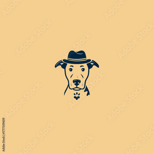 Elegant dog wearing a fedora hat illustration with paw print. Cute pet animal character vector design on a beige background.