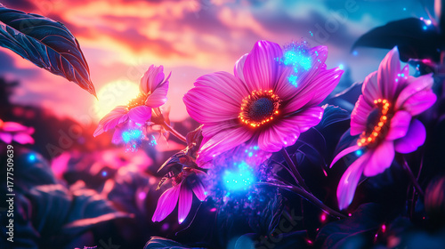 Flowers floating in water, glowing with neon light, reflecting the pink and blue hues of the sunset.
