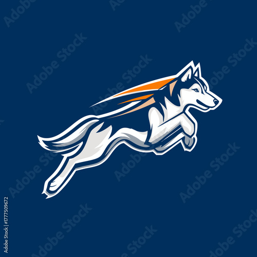 Dynamic husky dog mascot illustration with an energetic jumping pose and a speedy orange streak effect on a dark background
