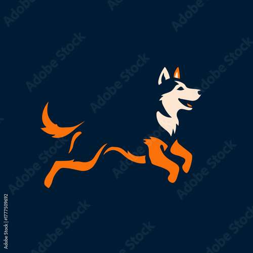 Stylized husky dog illustration running or jumping. Modern minimalist graphic design with black, white, and orange elements on a dark background.