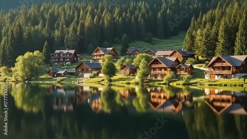 Scenic Alpine Village Reflected on Calm Lake Surrounded by Lush Green Forest in Summer