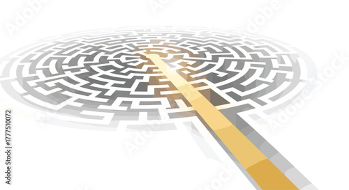 Golden path through a complex maze showing a clear solution, Generative AI.