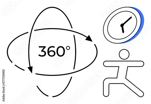 360-degree arrows encircle bold text, a clock represents time management, and a simple human figure embodies activity. Ideal for productivity, time efficiency, fitness, balance, versatility, holistic