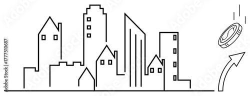 Linear city skyline and a coin with an upward arrow, symbolizing progress, economic growth, investment, urbanization, real estate, innovation, and business opportunities. A simple flat metaphor