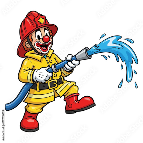 Cartoon clown firefighter in red helmet and boots holding a hose and spraying water