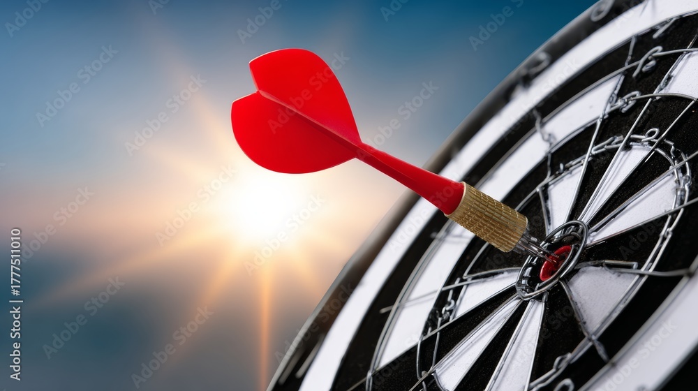 Fototapeta premium A red dart is shot at a white target. The sun is shining brightly in the background. Concept of focus and determination, as the person aiming the dart is fully engaged in the task