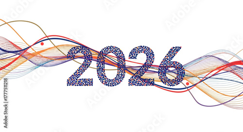 Abstract vector design for New Year 2026 featuring the number created from particles/dots, surrounded by colorful, flowing, wavy lines and dynamic energy.