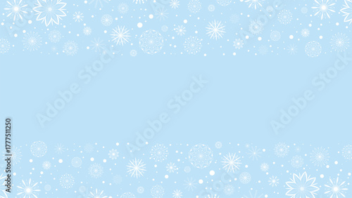 Soft blue background with frame of white snowflakes. Winter template with snowy frame. Vector graphic layout for banner, advertisement, cover, or postcard