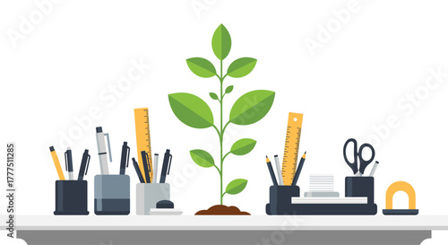 Green plant growing on office desk with stationery items, Generative AI.