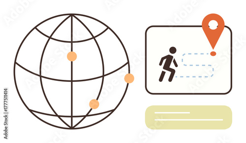 Globe with location markers, figure running towards a pinpointed destination on a route map. Ideal for travel, navigation, technology, logistics, journey, exploration connection. Simple flat