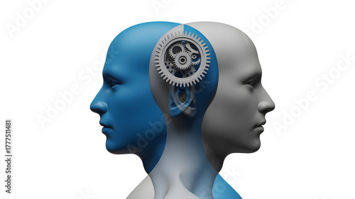 Two stylized human heads facing opposite directions one blue and one gray with a mechanical gear visible inside the gray head isolated on transparent background