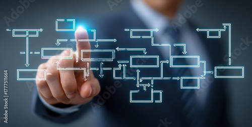 Businessman interacting with a digital flowchart or organizational chart on a futuristic interface