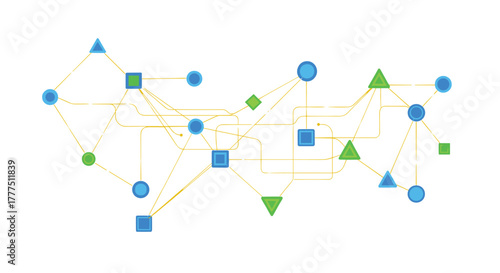 Abstract network of geometric shapes and lines representing connections and data flow, Generative AI.