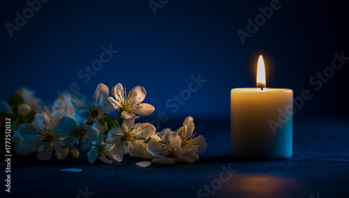 A single lit candle and delicate flowers cast a warm glow in the dark blue night