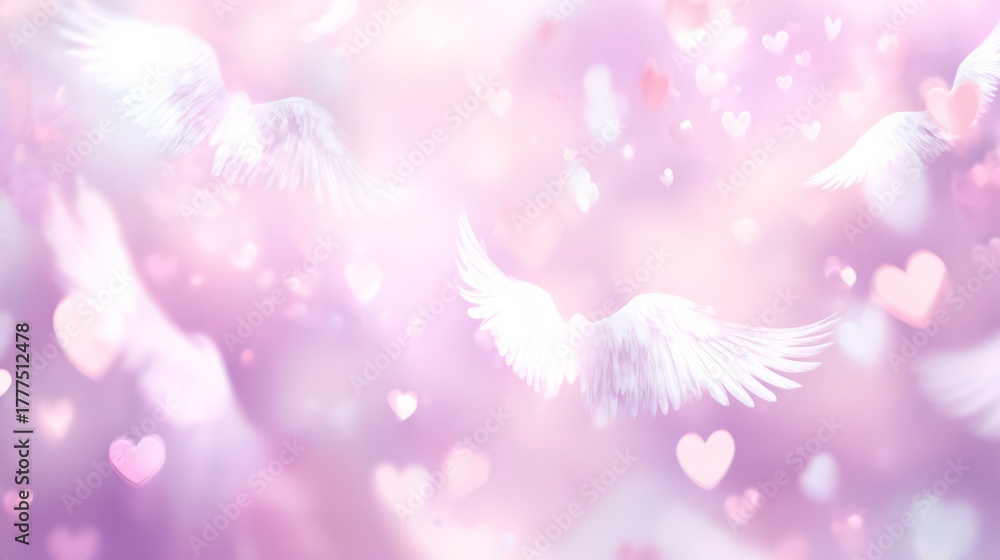Fototapeta premium Celestial Dreamscape: Soft, ethereal wings and floating hearts in a dreamy display, create a sense of peace. 