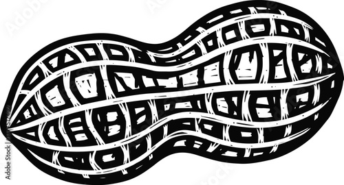 Peanut Silhouette with Textured Shell - Black and White Woodcut Style Vector Art
