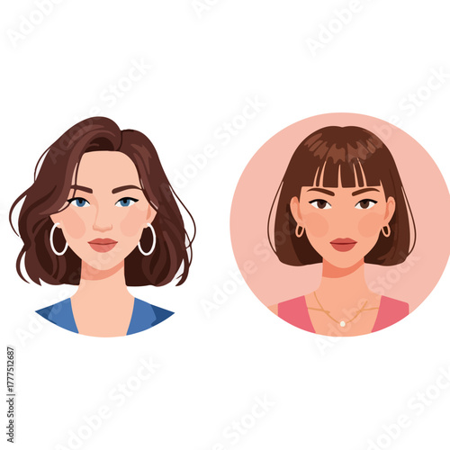 Modern diverse female avatars, two distinct women with short hairstyles, professional vector portraits