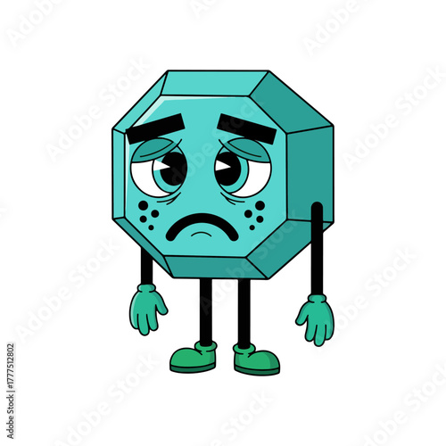 Sad geometric crystal character, worried blue octagon gem, emotional cartoon illustration, unhappy face