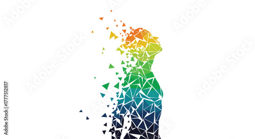 Abstract Human Silhouette Dissolving into Colorful Geometric Fragments, Generative AI.