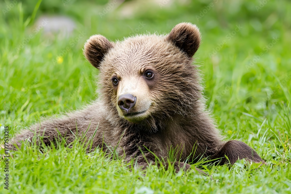 Fototapeta premium Fluffy brown cub enjoying sunlight outdoors high resolution picture
