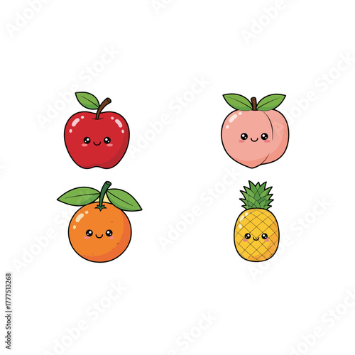 Cute cartoon fruits vector set, sweet apple, happy peach, smiling orange, playful pineapple illustration