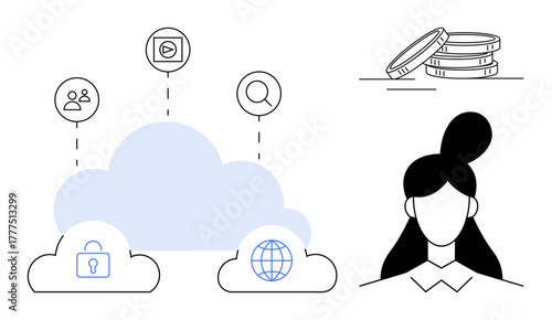 Cloud with icons for users, video, search, lock, and globe coins stacked, female figure. Ideal for tech, cloud storage security finance communication internet innovation. Simple flat metaphor
