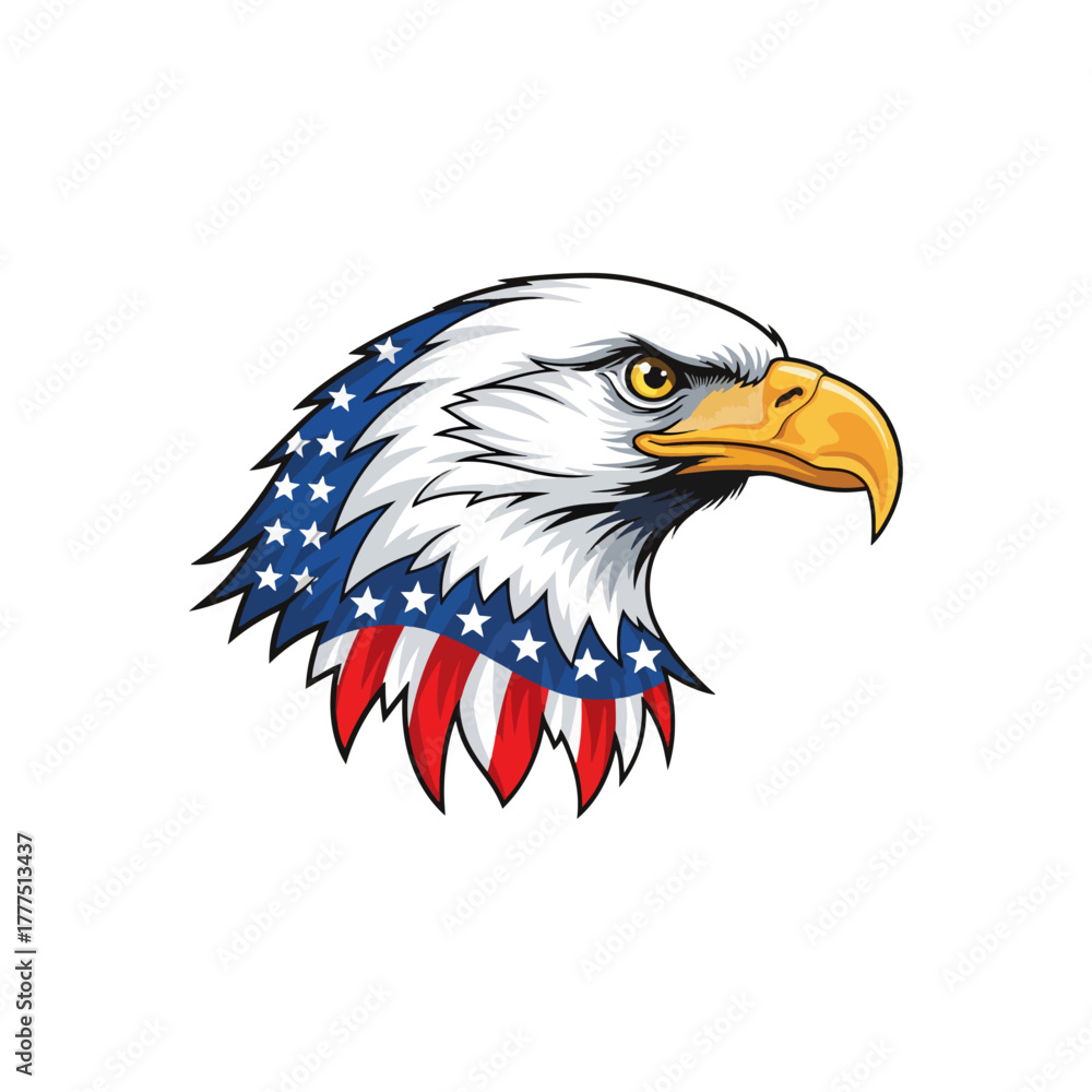 Obraz premium Majestic bald eagle head illustration, symbolizing American patriotism, featuring stars and stripes design