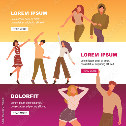 dancing cartoon characters. happy group of dancers enjoy party, male and female characters in modern clothes having fun, dancing. vector cartoon flat banners