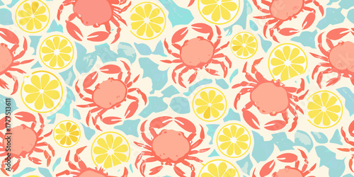 Seamless pattern of coral crabs and yellow lemon slices on a light textured background