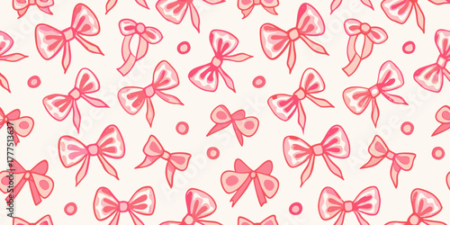 Seamless pattern of hand drawn pink bows and dots on a light cream background