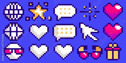 Collection of pixel art icons including hearts speech bubbles a globe a star a cursor and a gift box