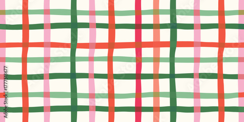 Hand drawn plaid pattern with pink green and coral stripes on white background