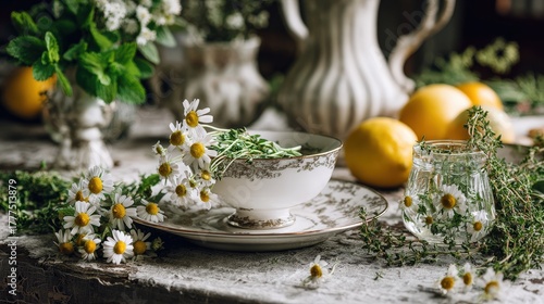 Herbal Composition with Chamomile Thyme and Lemon Balm on Rustic Table Natural Medicine Arrangement
