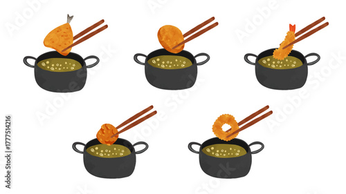 揚げ物鍋とアジフライ・ポテトコロッケ・エビフライ・唐揚げ・イカリングのセット　水彩風手描きベクターイラスト