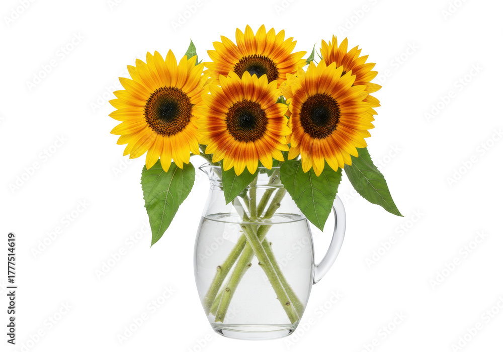 Obraz premium Isolated bouquet of sunflowers in a glass pitcher, water-filled decorative table setting