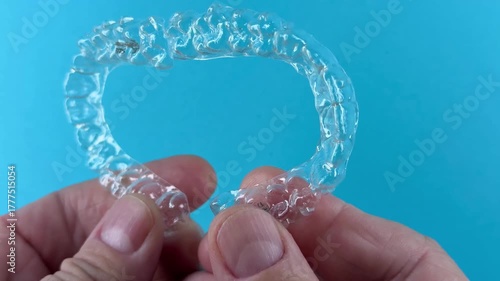 The doctor holds in his hand transparent aligners plastic braces retainers for straightening teeth on a blue background