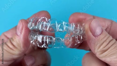 The doctor holds in his hand transparent aligners plastic braces retainers for straightening teeth on a blue background