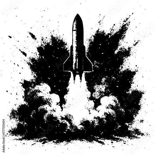 Rocket launch xerography halftone photocopy art, black and white retro space explosion illustration, isolated on transparent background