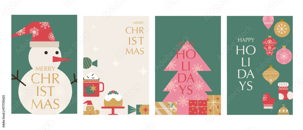 Fototapeta premium Merry Christmas and Happy Holidays modern geometry greeting cards collection. Set of trendy minimal designs with xmas baubles, snowman, gifts. Winter Abstract Christmas backgrounds