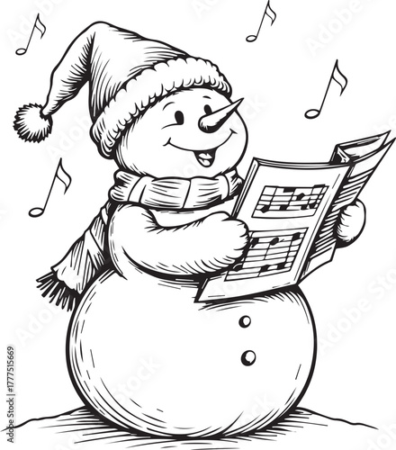 Cheerful Snowman Singing Christmas Carols Holding Songbook Festive Winter Illustration